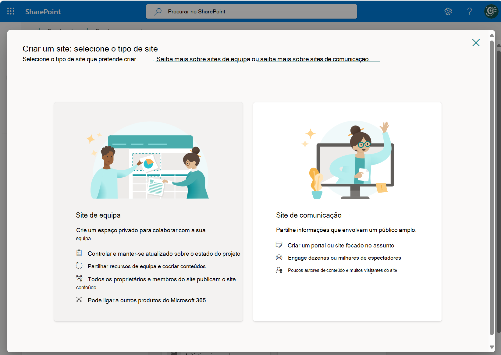 Captura de ecrã a mostrar a criação de um novo site-2024