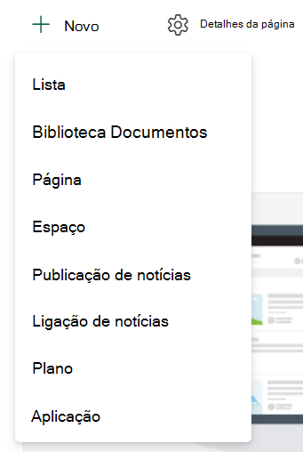 Captura de ecrã a mostrar a criação de uma nova lista ou biblioteca