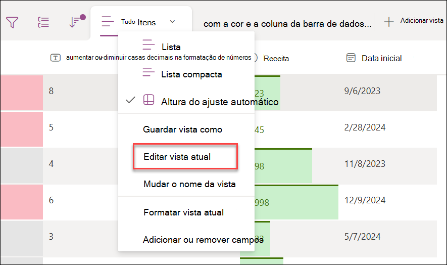 Captura de ecrã a mostrar a seleção de editar a vista atual