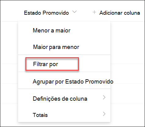 captura de ecrã de Filtrar por estado promovido