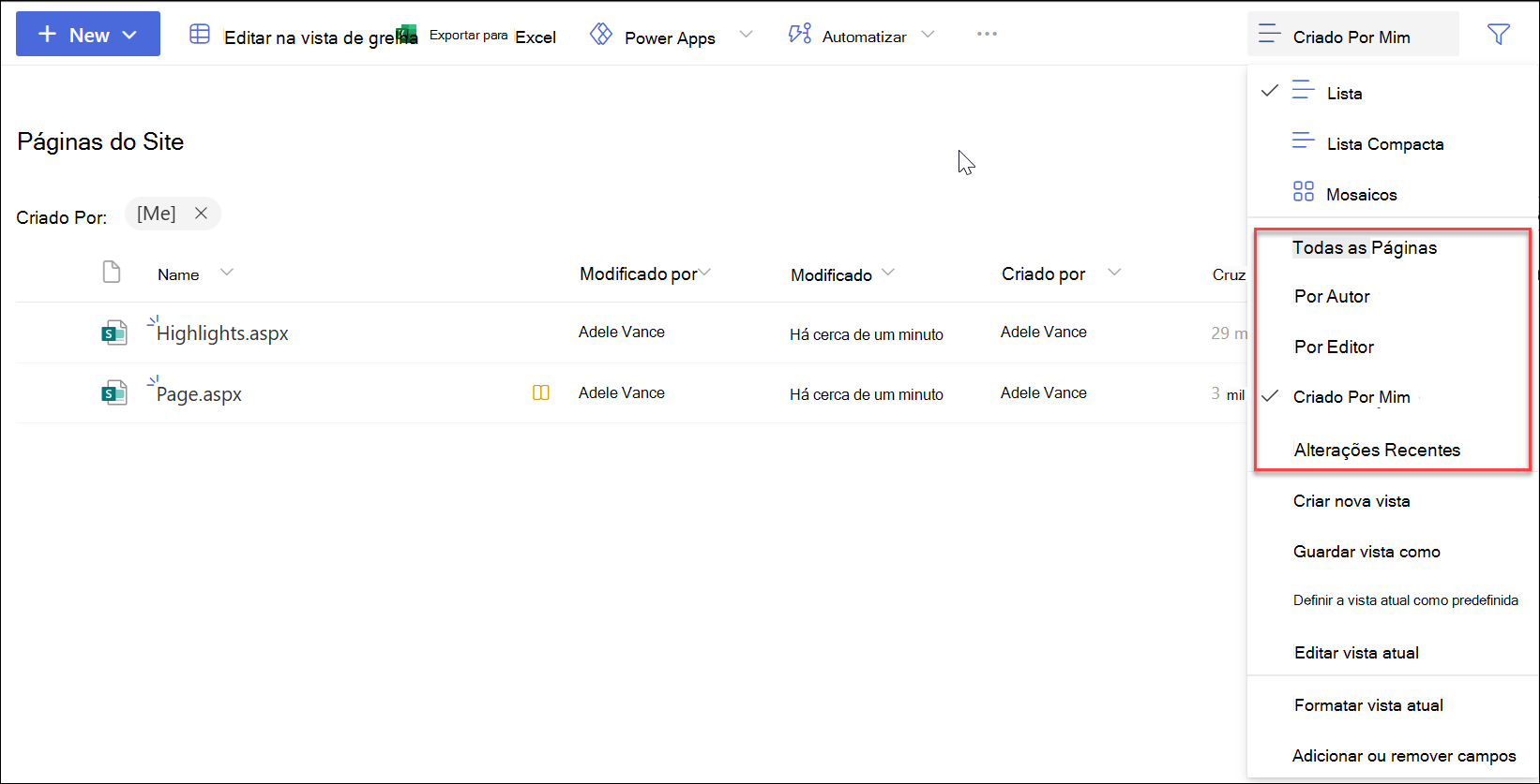 captura de ecrã a mostrar a filtragem de páginas