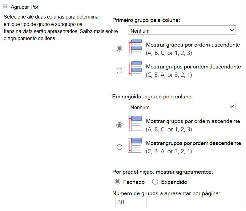 captura de ecrã do agrupamento por até 2 colunas.