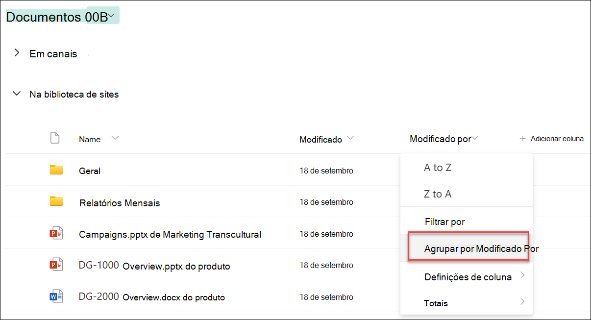 captura de ecrã do agrupamento por nome da coluna