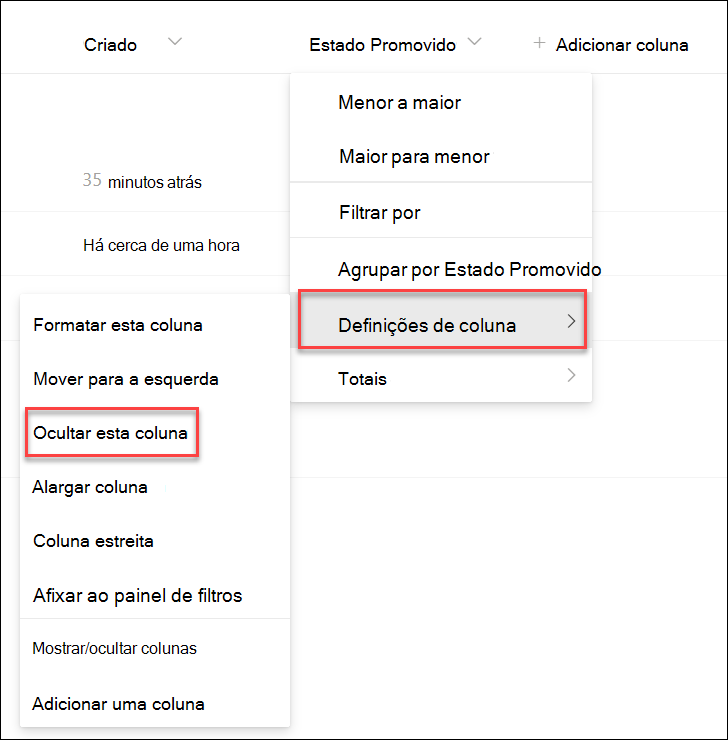 captura de ecrã de ocultar uma coluna