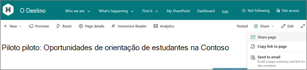 Captura de ecrã a mostrar o botão Partilhar na parte superior direita da página.