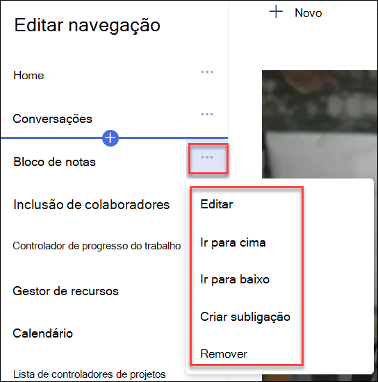 captura de ecrã do menu de contexto de navegação