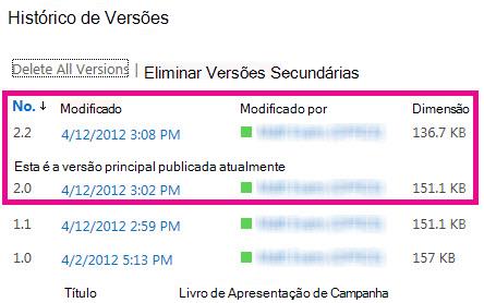 Histórico de Versões com versão secundária eliminada
