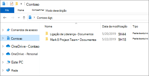 Captura de ecrã a mostrar a sincronização de pastas para o OneDrive e sites.
