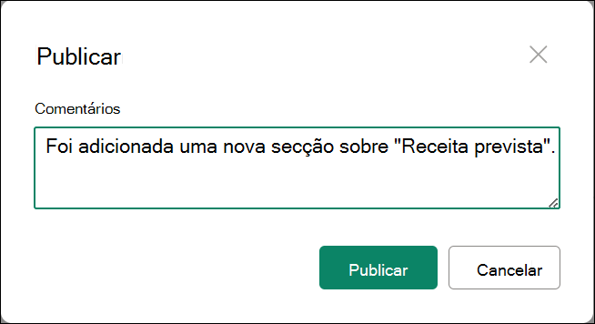 captura de ecrã de Publicar versão principal com comentários