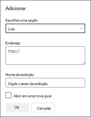 Adicionar uma ligação a um menu de navegação num site de equipa.