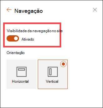 Aceder às opções de visibilidade de navegação do site através das definições.