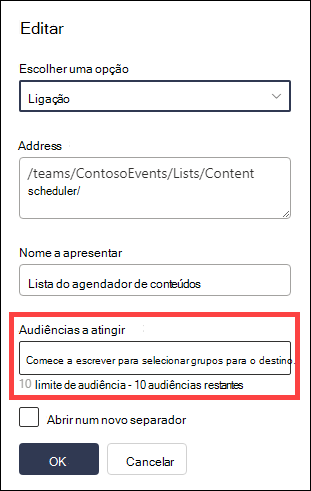 Audiências para o campo de destino realçado.