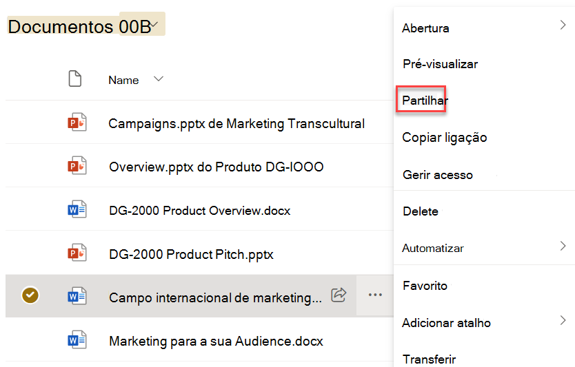Captura de ecrã a mostrar a partilha de um documento a partir do respetivo menu de reticências do eclipse