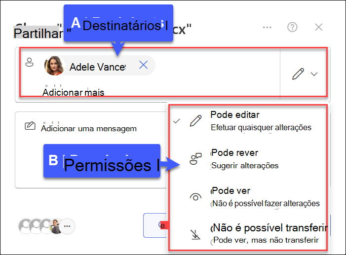 captura de ecrã de ações partilhados com pessoas específicas