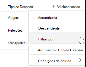 Opção Filtro por Menu de Cabeçalho de Coluna do SharePoint