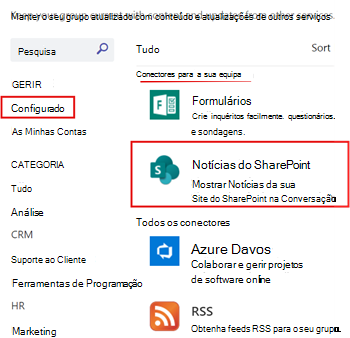 A mostrar o SharePoint News configurado para um canal do Teams