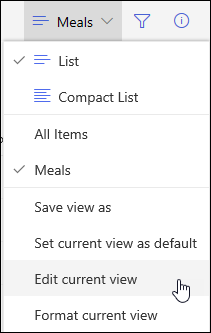 Opção de Menu Editar Vista Atual do SharePoint Online