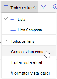 Opção Guardar Como no Menu De Vista de Lista do SharePoint Online
