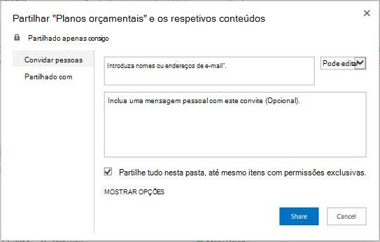 Caixa de diálogo Partilha de pastas com Partilhar tudo nesta pasta, até itens com permissões exclusivas selecionadas