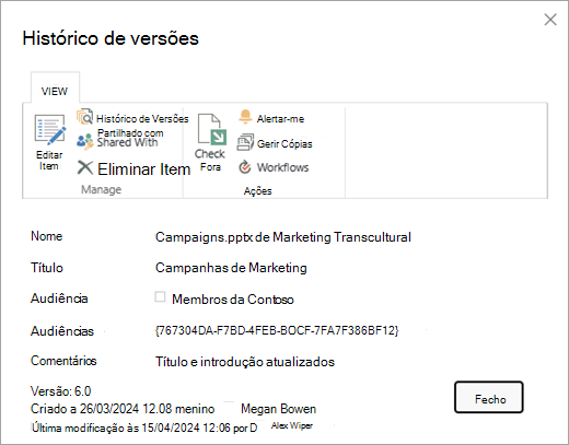 Caixa de diálogo histórico de versões de um determinado ficheiro.