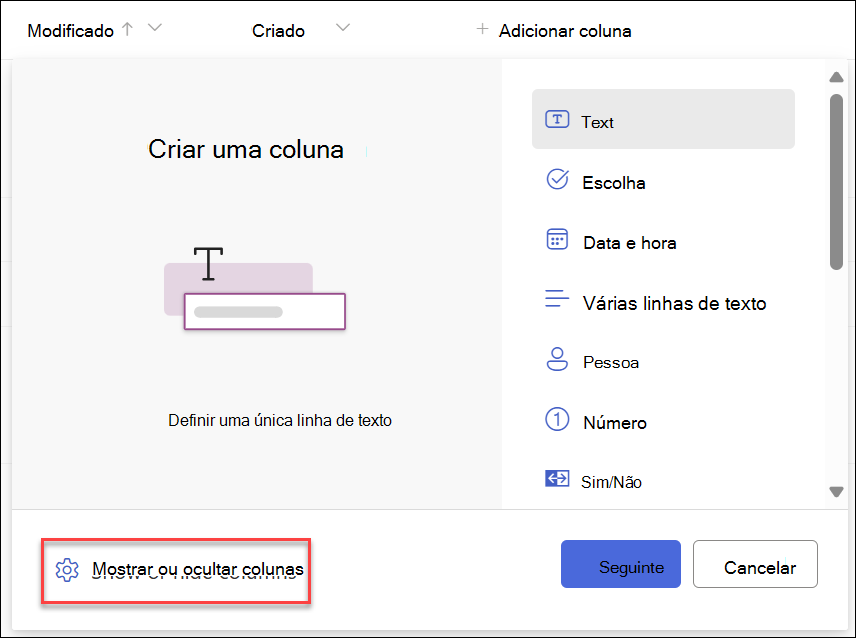Captura de ecrã de Mostrar ocultar colunas selecionadas