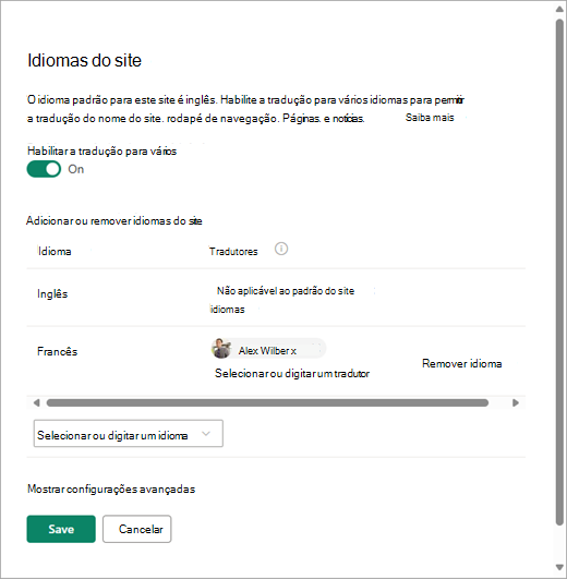 Captura de ecrã a mostrar a página Idiomas do site no SharePoint.