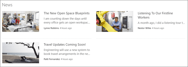 Captura de ecrã da peça Web Notícias de um site do SharePoint, onde as mensagens foram filtradas