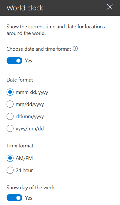 A caixa de ferramentas da peça Web Relógio Mundial para sites do SharePoint, que mostra como personalizar a formatação de data e hora