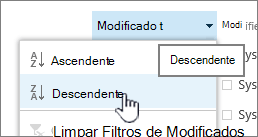 O menu de ordenação pendente num cabeçalho de coluna