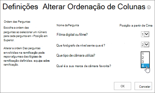 Caixa de diálogo Alterar ordem de perguntas com a lista pendente numa pergunta realçada