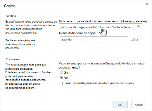 Caixa de diálogo Copiar com URL selecionado.