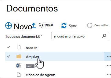 Biblioteca de documentos do SharePoint 2016 com a pasta realçada