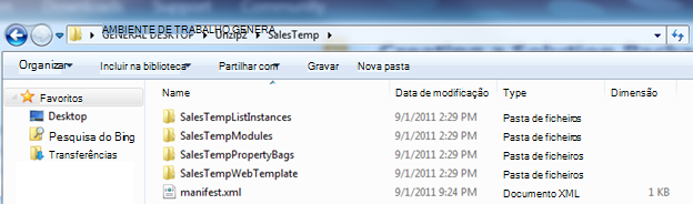 Captura de ecrã do Windows Explorer que mostra um Pacote de Solução da Web (.wsp) deszipado.