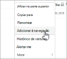 Opção Adicionar à navegação a partir de uma listagem de páginas