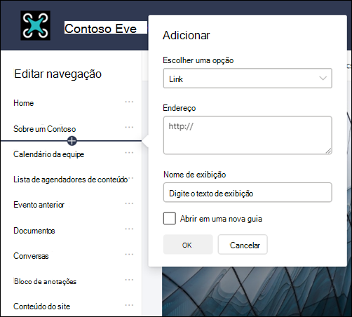 Adicionar uma ligação ao painel de navegação esquerdo de sites do SharePoint