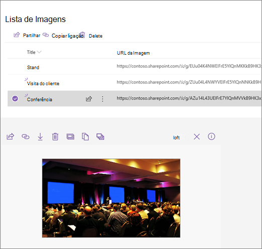 Exemplo de uma peça Web Incorporar ligada a uma lista de imagens