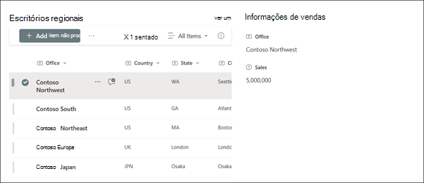 Exemplo de uma lista ligada a uma peça Web Propriedades da lista
