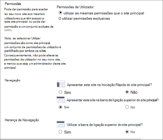 Parte inferior da caixa de diálogo Criar Site