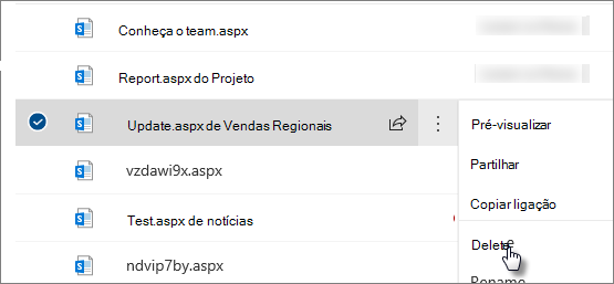 Comando Eliminar junto à página selecionada
