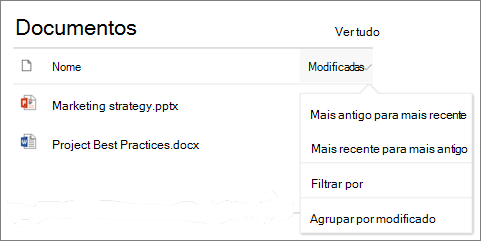 Peça Web Biblioteca de Documentos a mostrar o menu ordenar, filtrar e agrupar