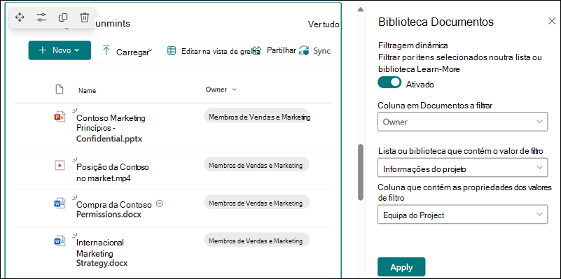 Biblioteca de documentos com painel aberto para opções de filtragem dinâmica