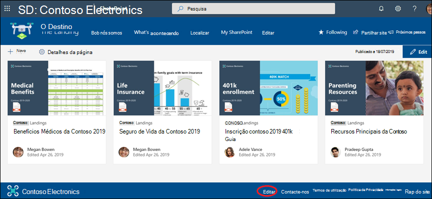 Adicionar ou editar ligações e etiquetas num rodapé de site de comunicação do SharePoint.