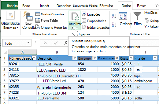 Folha de cálculo do Excel com a lista importada e o botão Atualizar Tudo realçados.