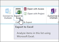 Botão Exportar para o Excel realçado no friso do SharePoint