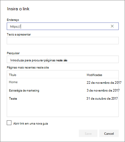 Caixa de diálogo Inserir ligação