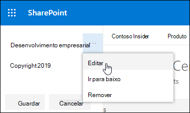 Editar uma ligação ou etiqueta existente num rodapé num site de comunicação do SharePoint.