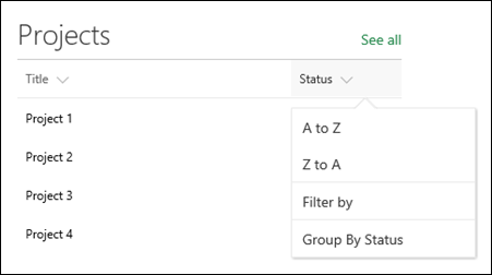 Listar peça Web com o menu ordenar, filtrar e agrupar