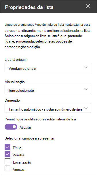 Painel de peças Web propriedades da lista