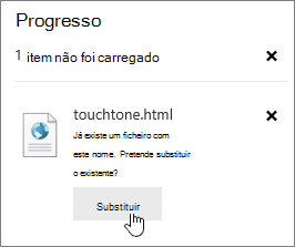 A caixa de diálogo Carregamento falhou com o botão Substituir realçado