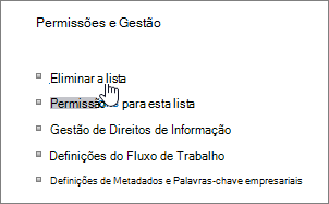 Caixa de diálogo Definições da lista com a opção Eliminar esta lista realçada